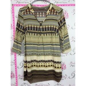 Sandwich shirt or mini dress Geometric Print V-Neck Tunic Top - Cream and Brown
